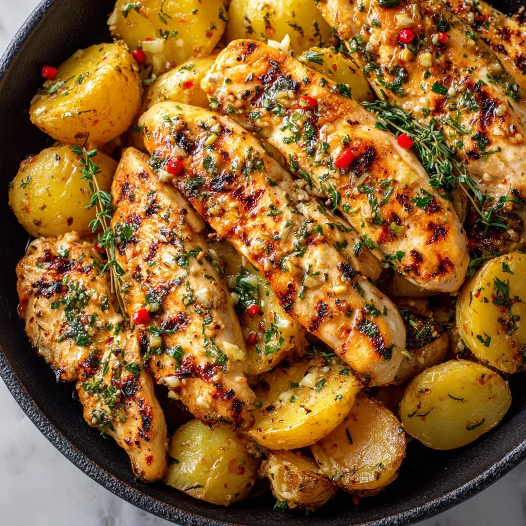 Delicious Garlic Butter Chicken served with golden roasted potatoes