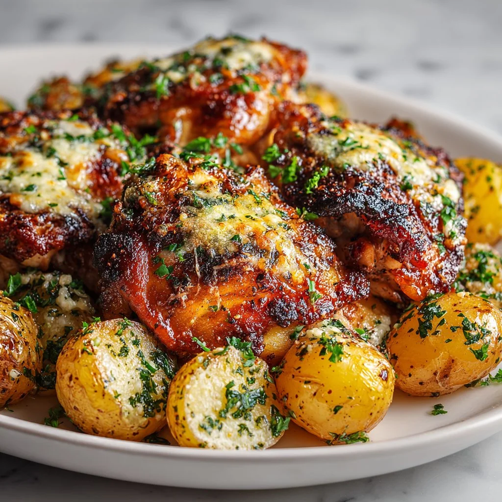Garlic Parmesan Chicken thighs served with roasted potatoes in a pan