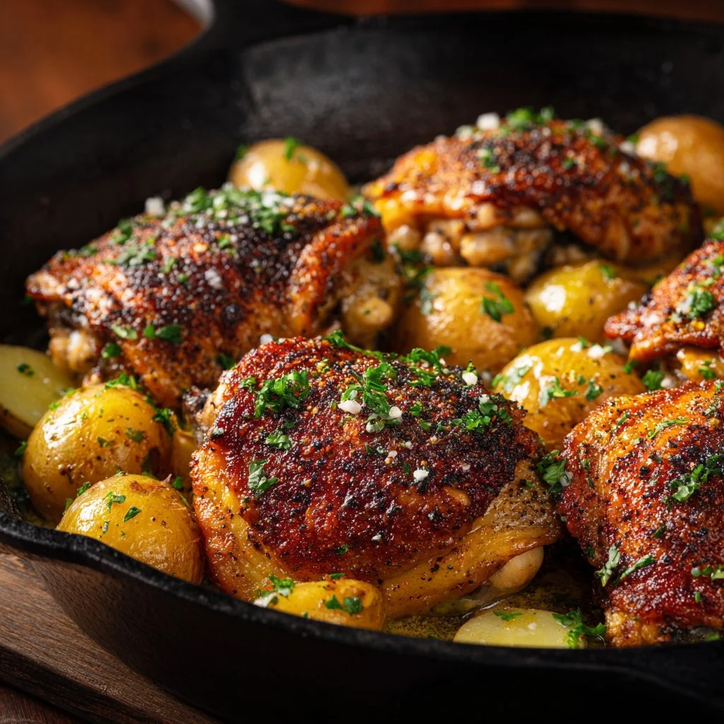 Garlic Parmesan Chicken thighs with potatoes served on a plate.