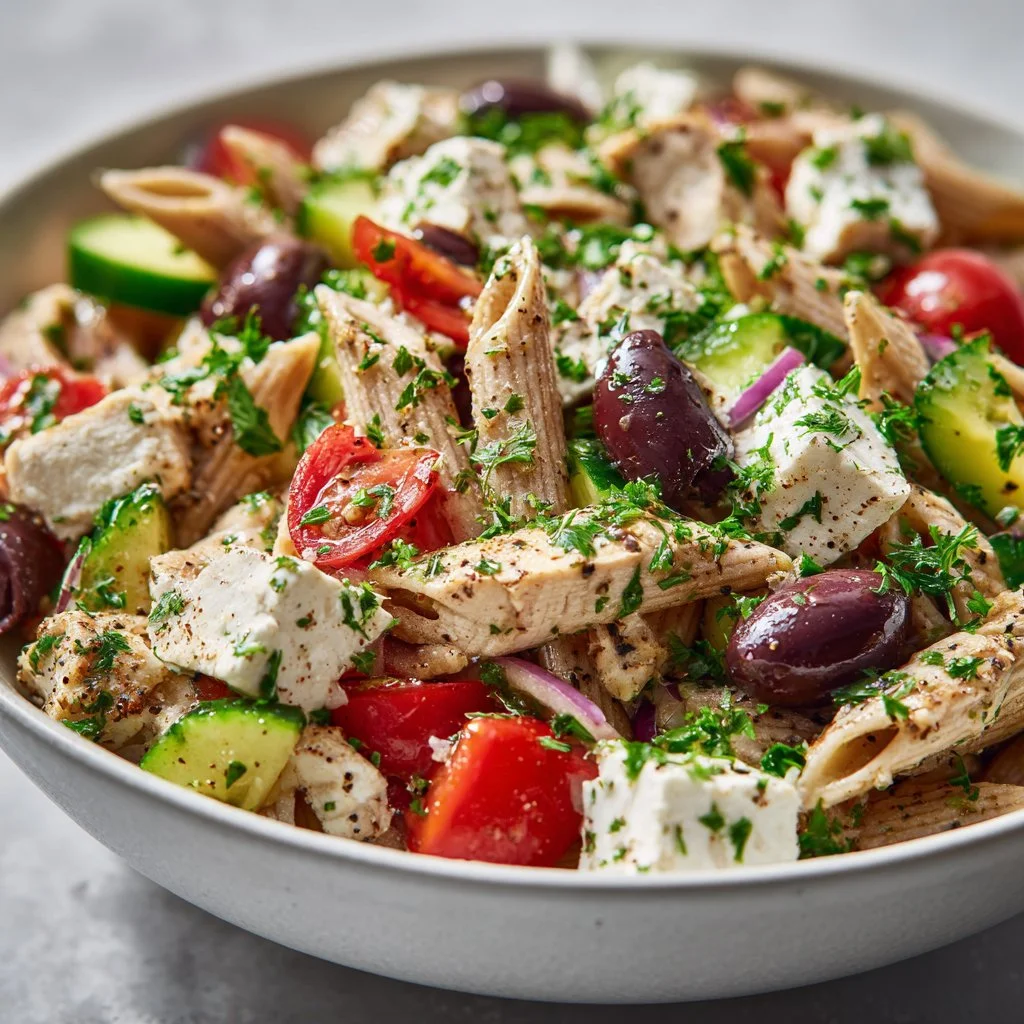 Colorful high protein Greek pasta salad with vegetables and feta cheese