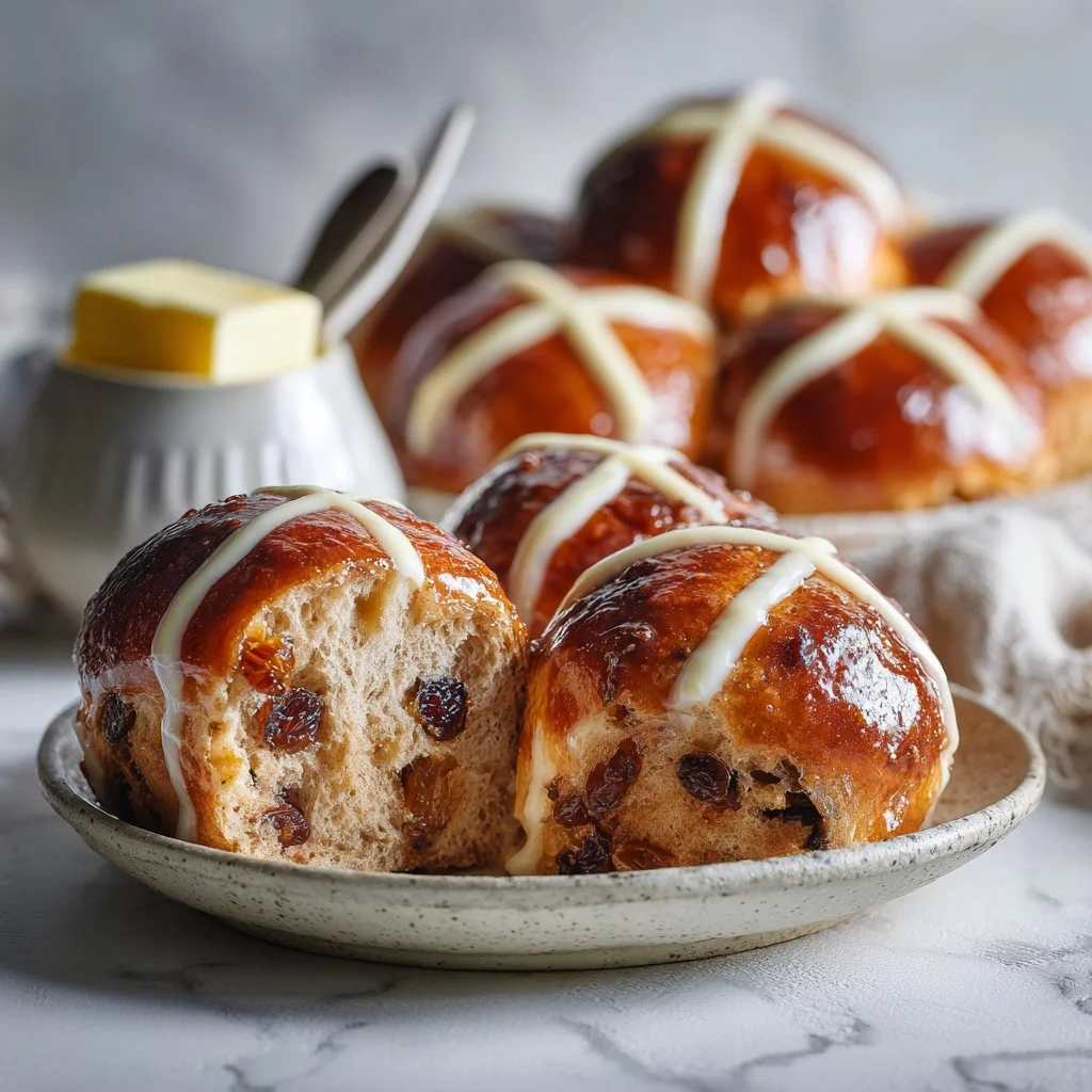 Freshly baked homemade hot cross buns cooling on a rack