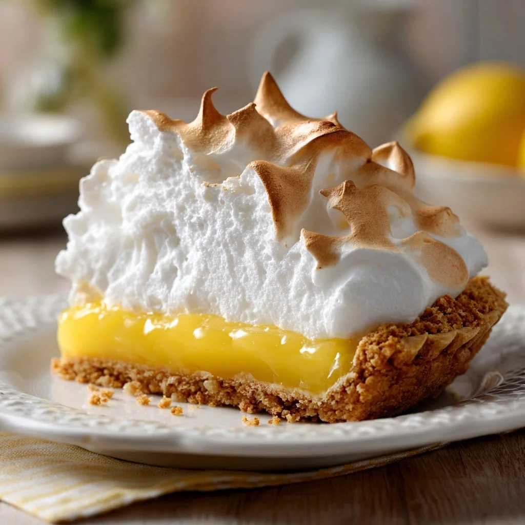 Homemade lemon meringue pie with golden meringue topping and lemon filling