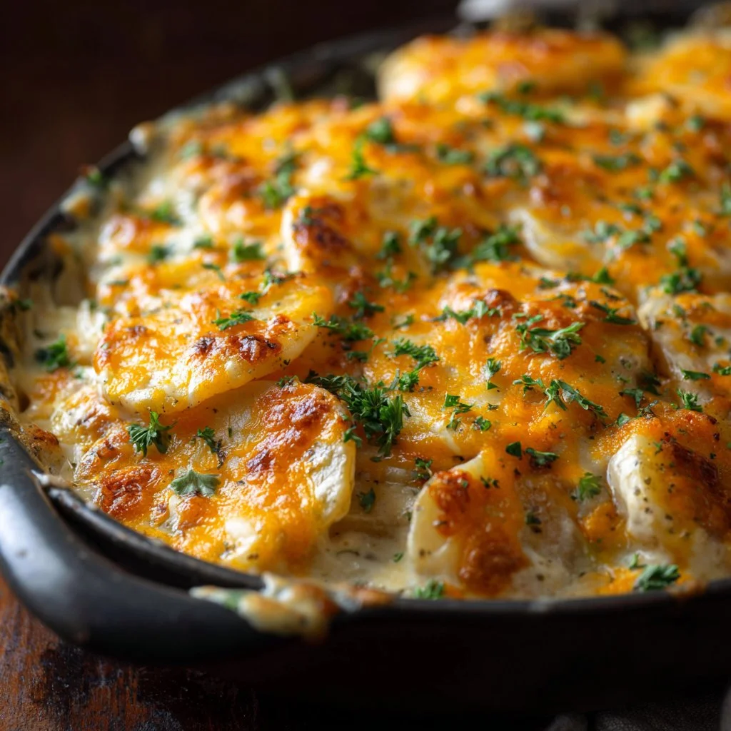 Delicious homemade scalloped potatoes baked to perfection with cheese and herbs.