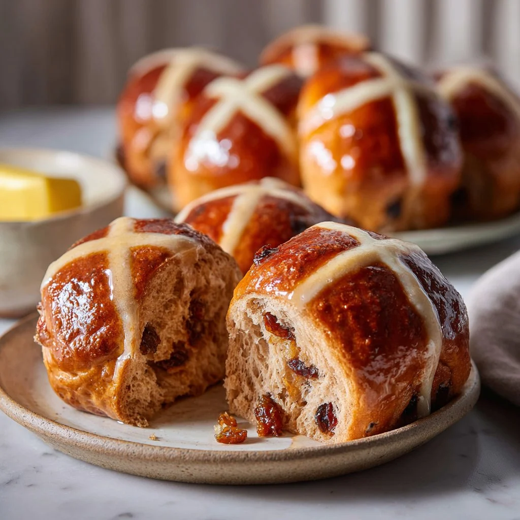Freshly baked Hot Cross Buns with icing crosses on top