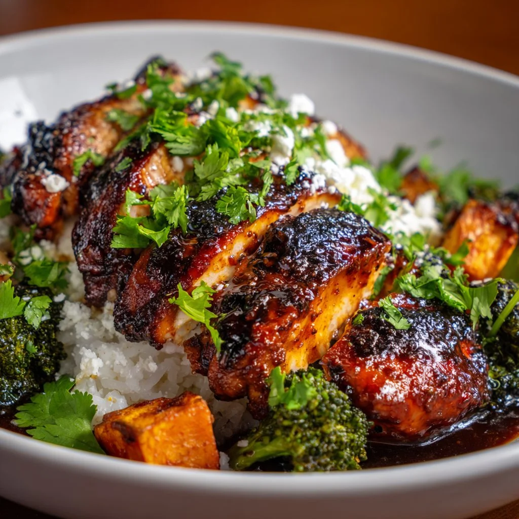 Delicious hot honey chicken bowls topped with fresh vegetables and garnishes