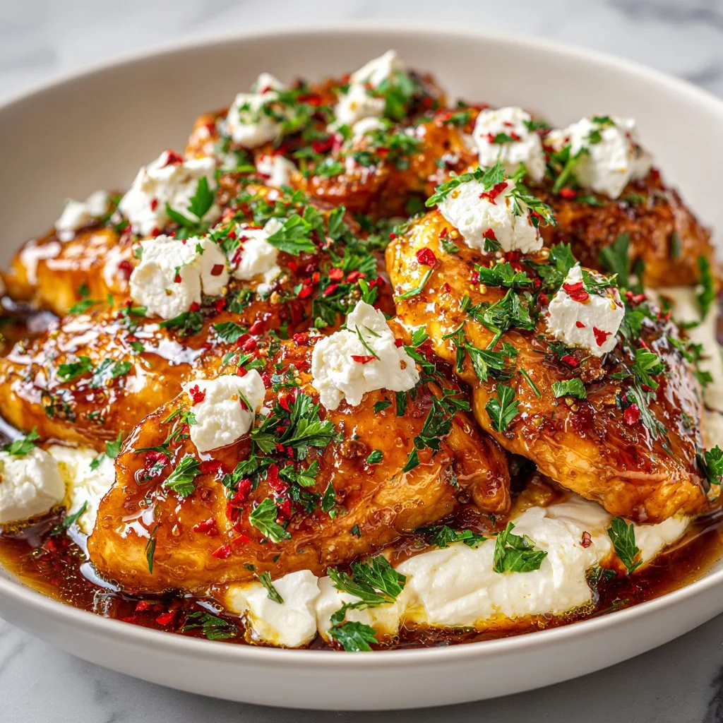 Hot Honey Feta Chicken recipe with sweet and savory flavors on a plate