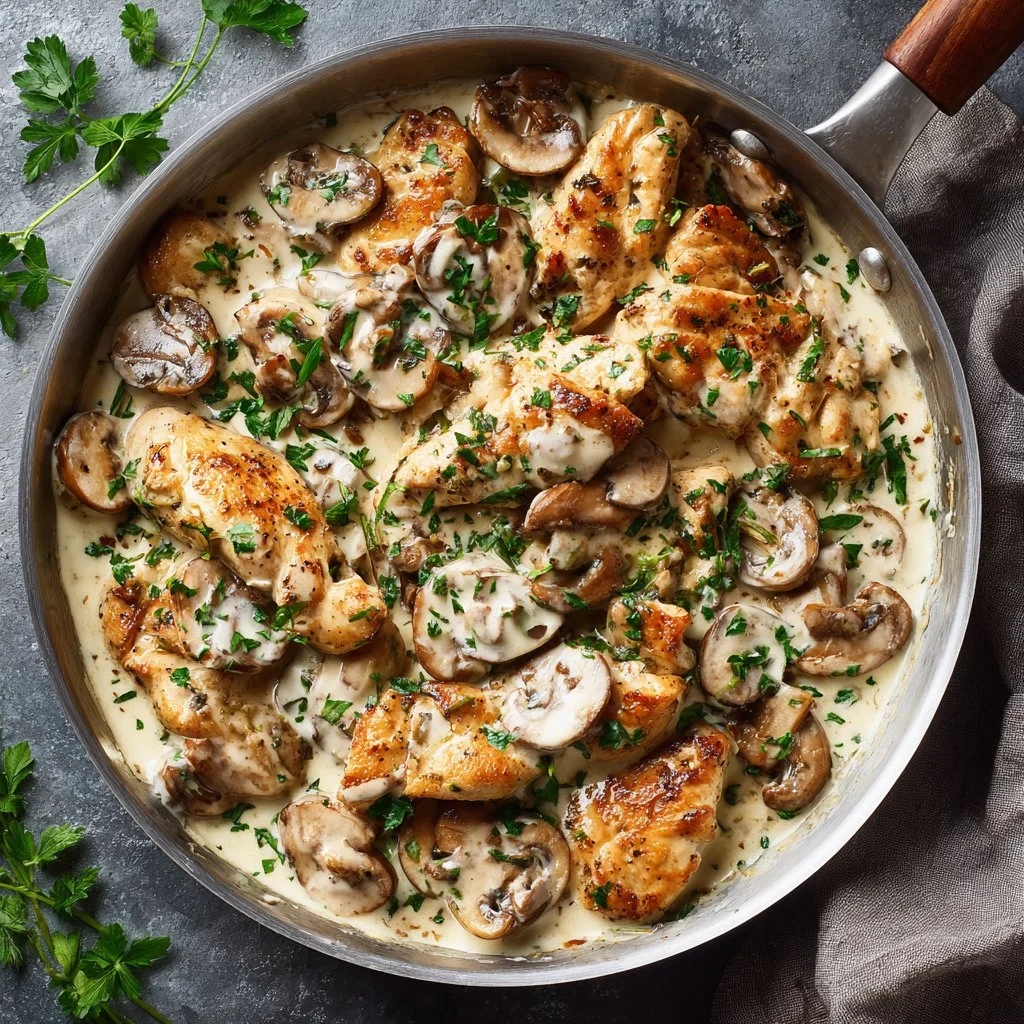 Delicious chicken stroganoff served with noodles and garnish