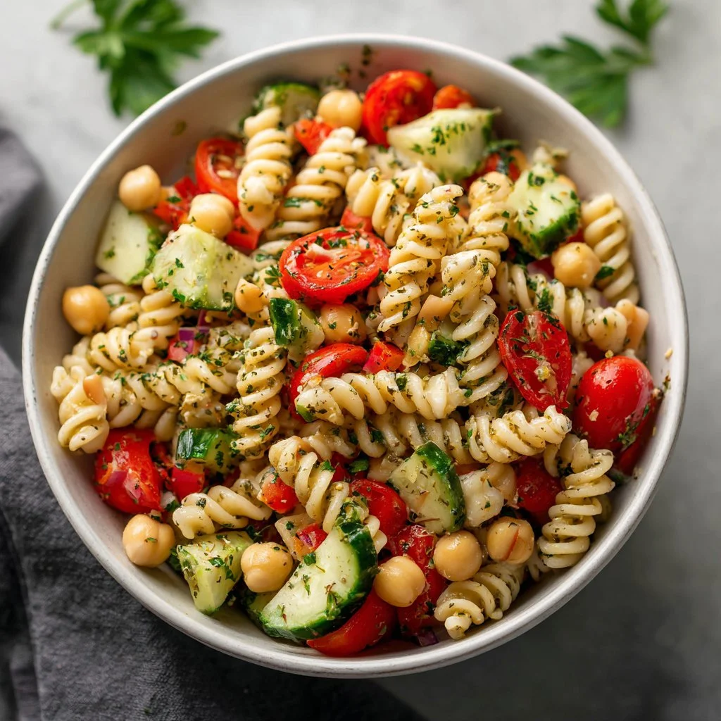Delicious gluten free high protein pasta salad with colorful veggies