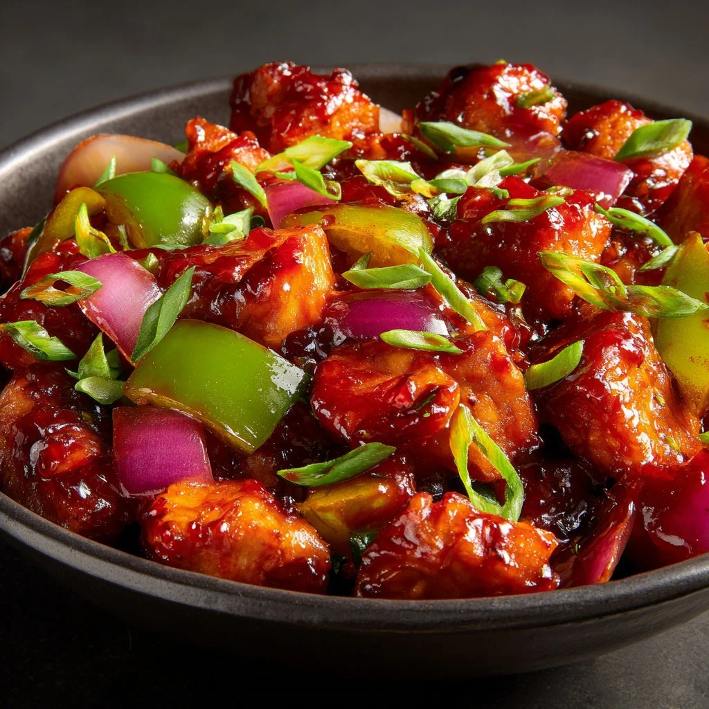 Irresistibly spicy dragon chicken served with fresh herbs and vibrant vegetables.