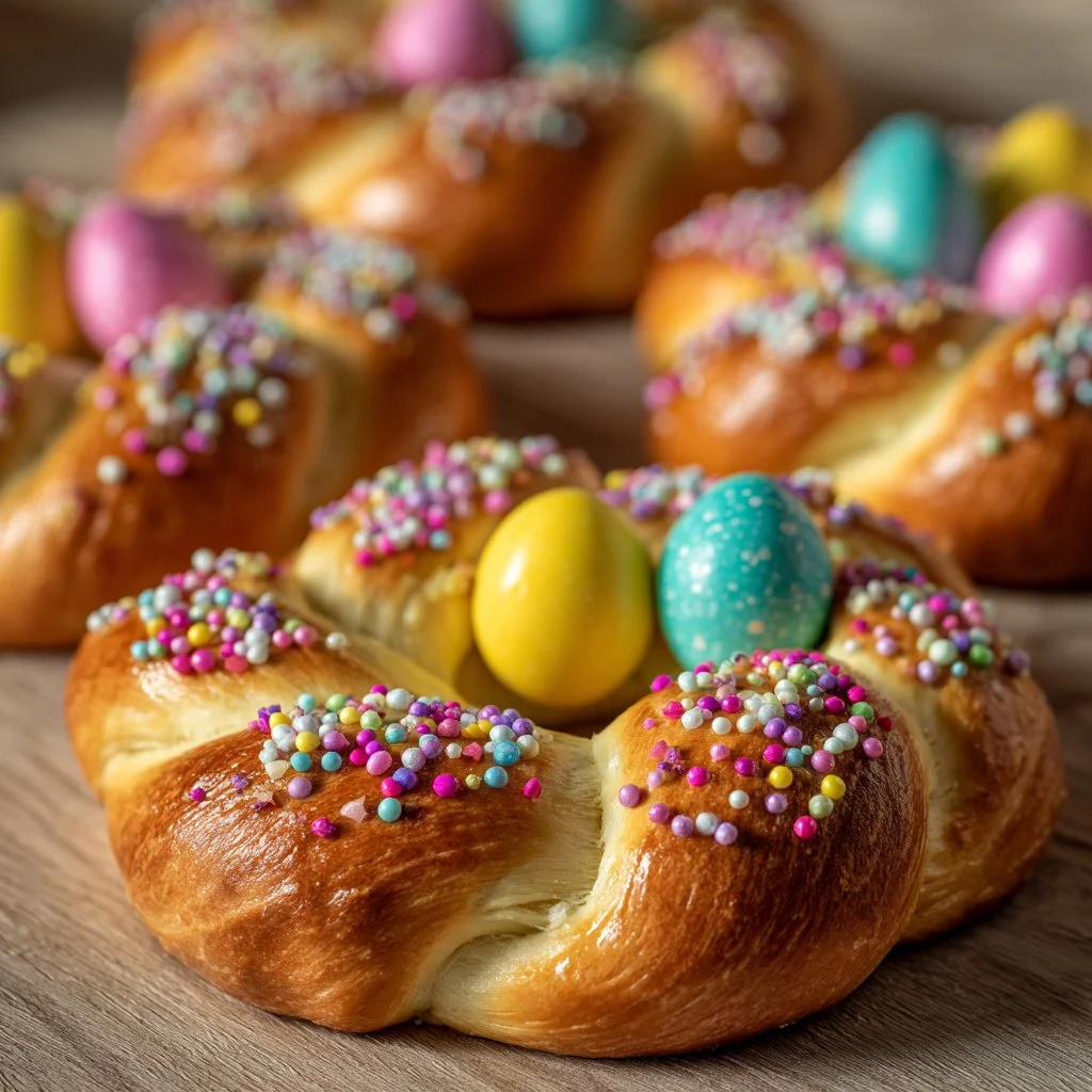 Italian Easter bread decorated with colorful eggs and ribbons on a table