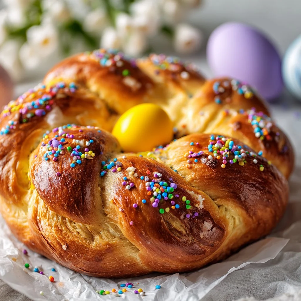 Homemade Italian Easter Bread with colorful sprinkles and eggs, beautifully braided.