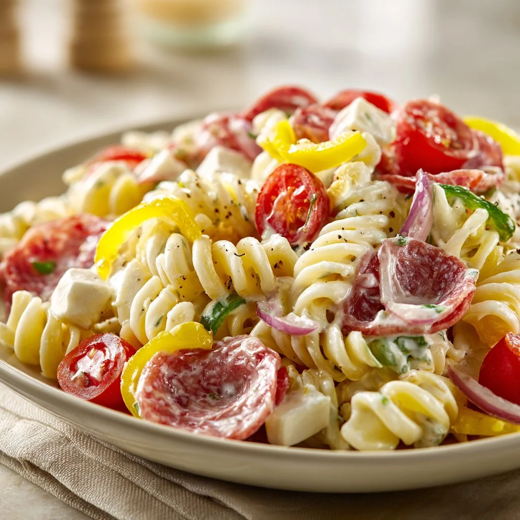 Delicious Italian Grinder Pasta Salad with fresh vegetables and seasonings