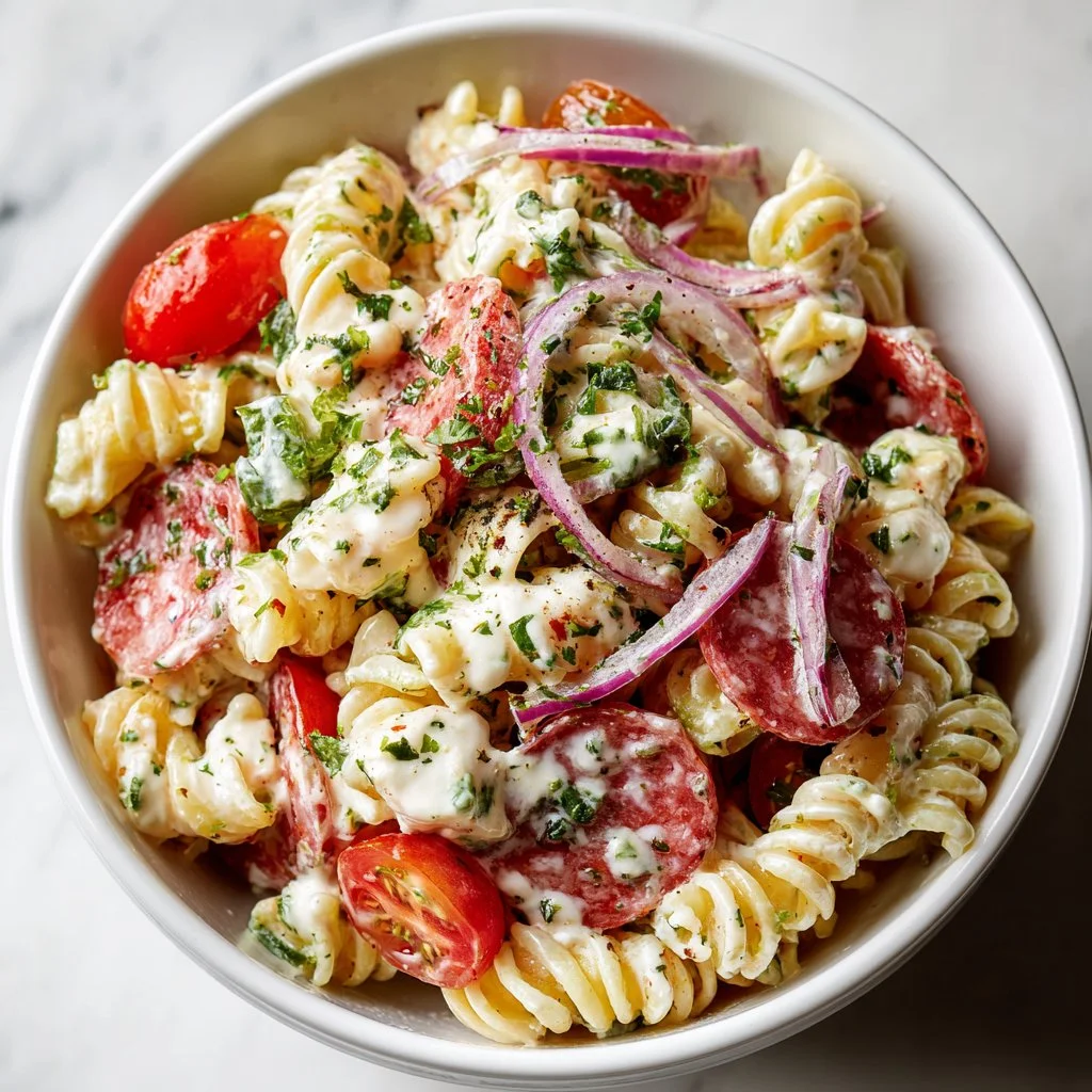 Italian Grinder Pasta Salad with colorful vegetables and dressing