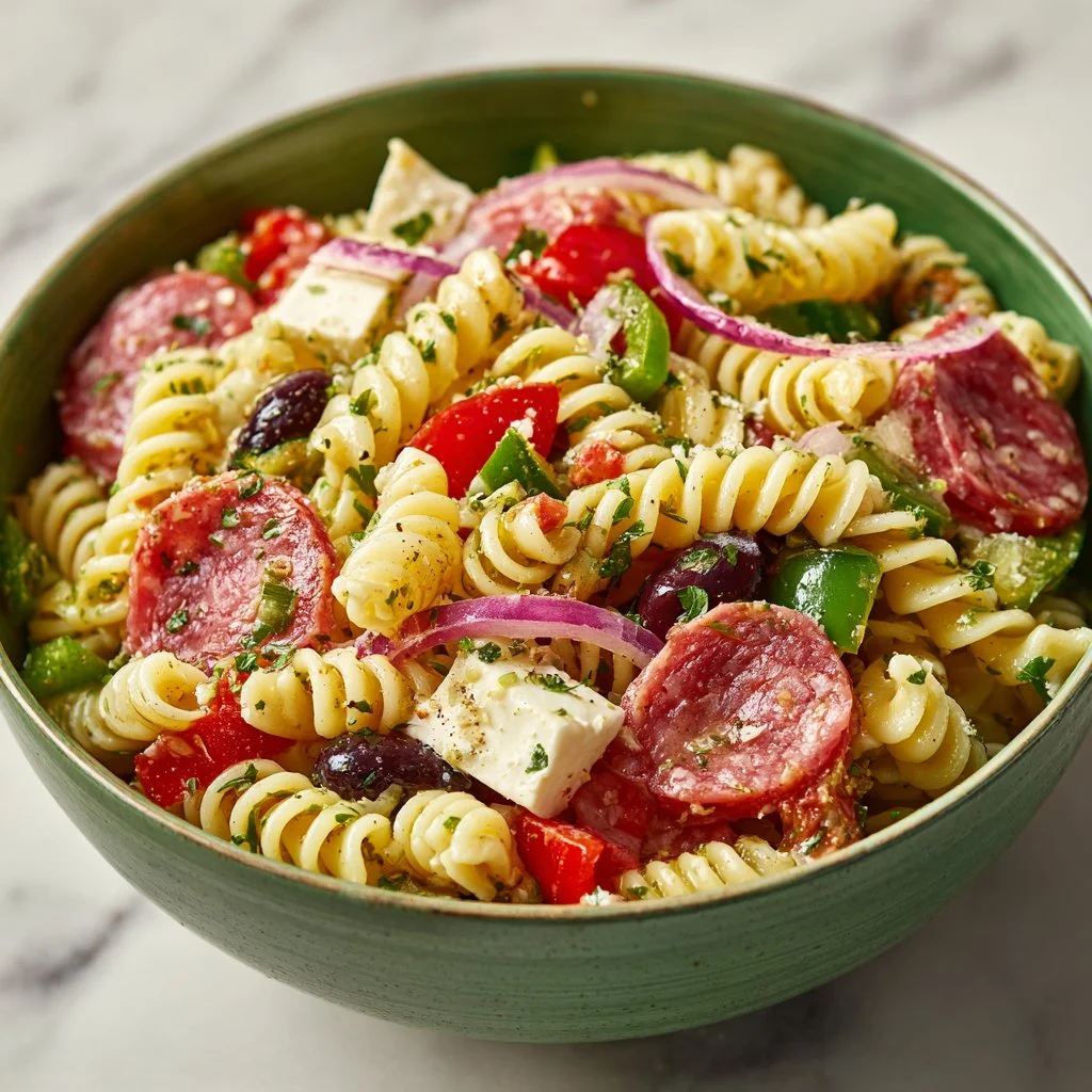 Italian pasta salad with fresh vegetables and dressing