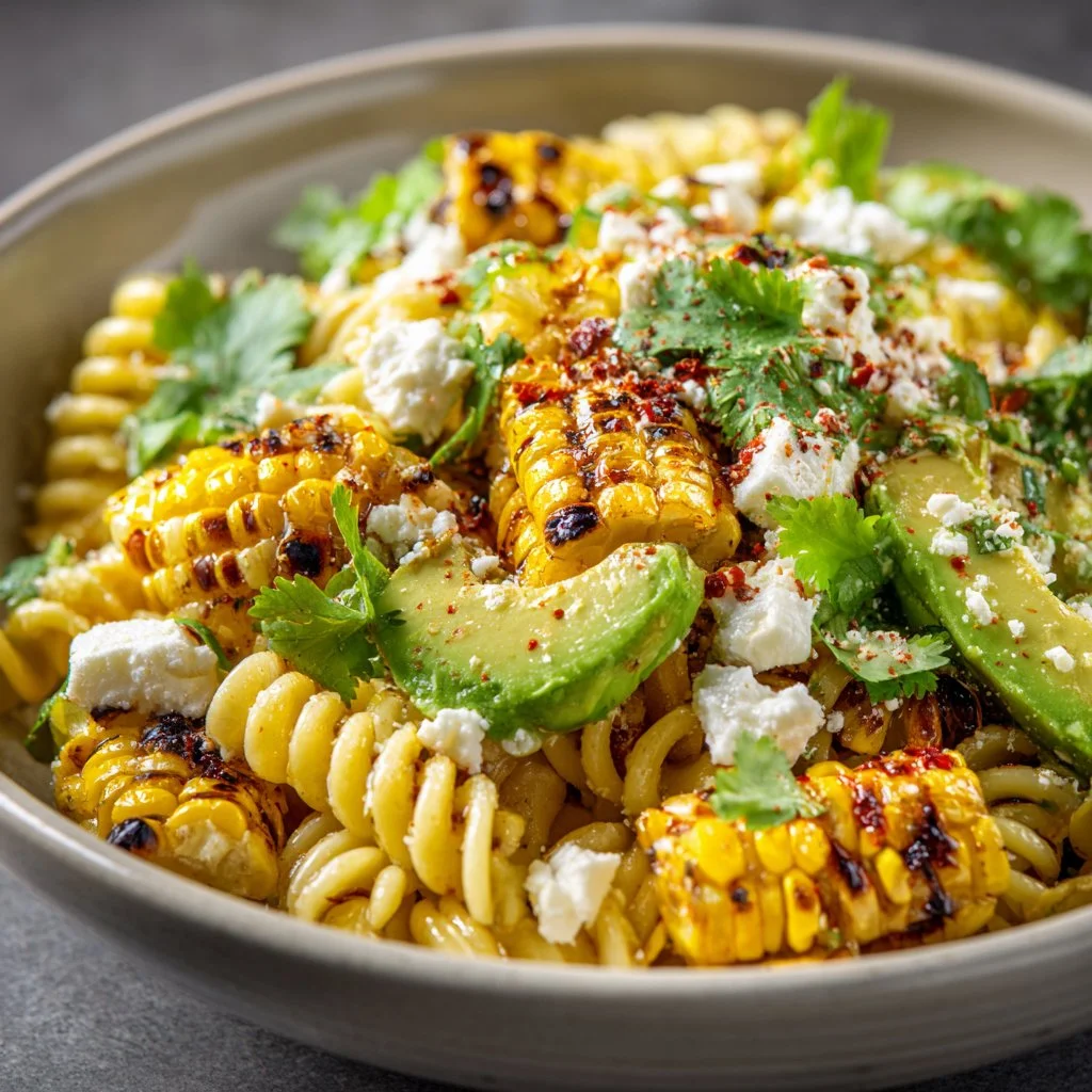 Juicy street corn pasta salad with fresh ingredients and vibrant colors