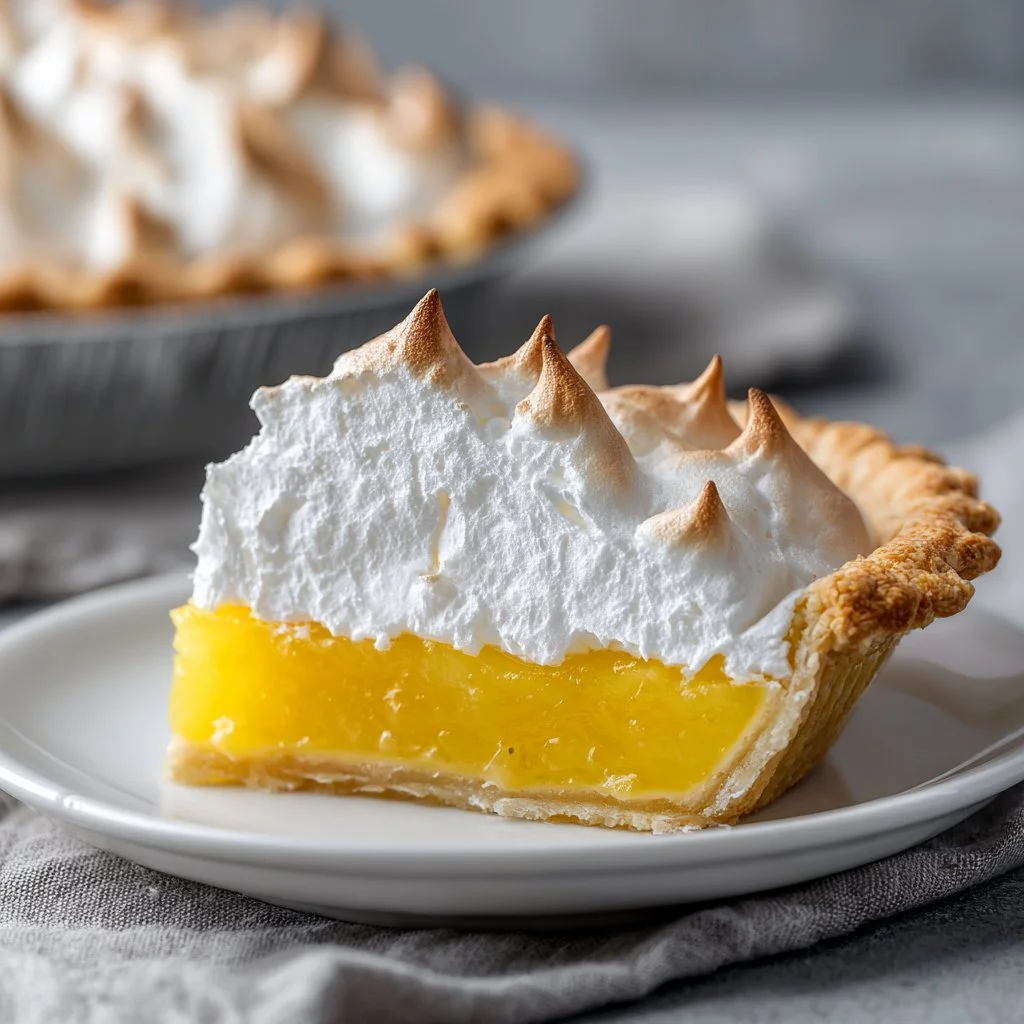 Delicious slice of homemade lemon meringue pie with fluffy meringue topping.