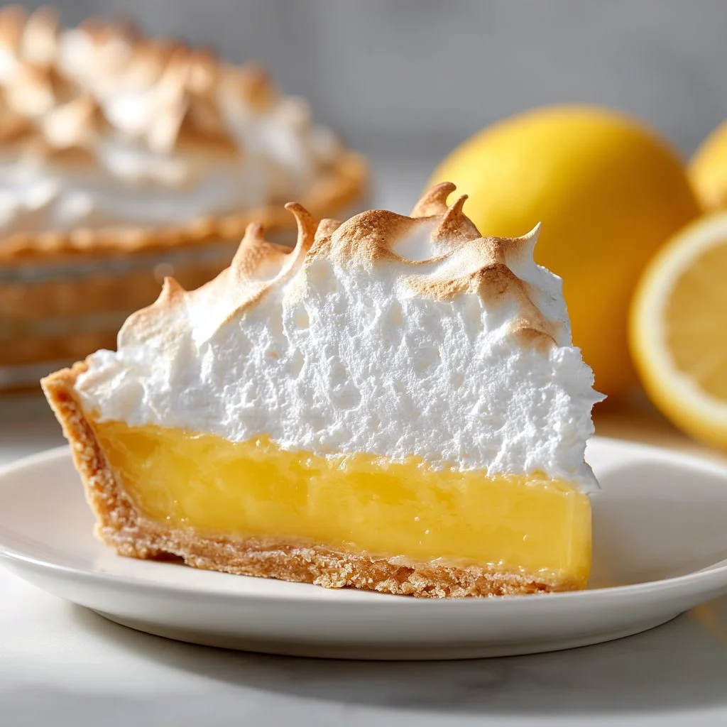 Delicious slice of homemade Lemon Meringue Pie with golden toasted meringue.