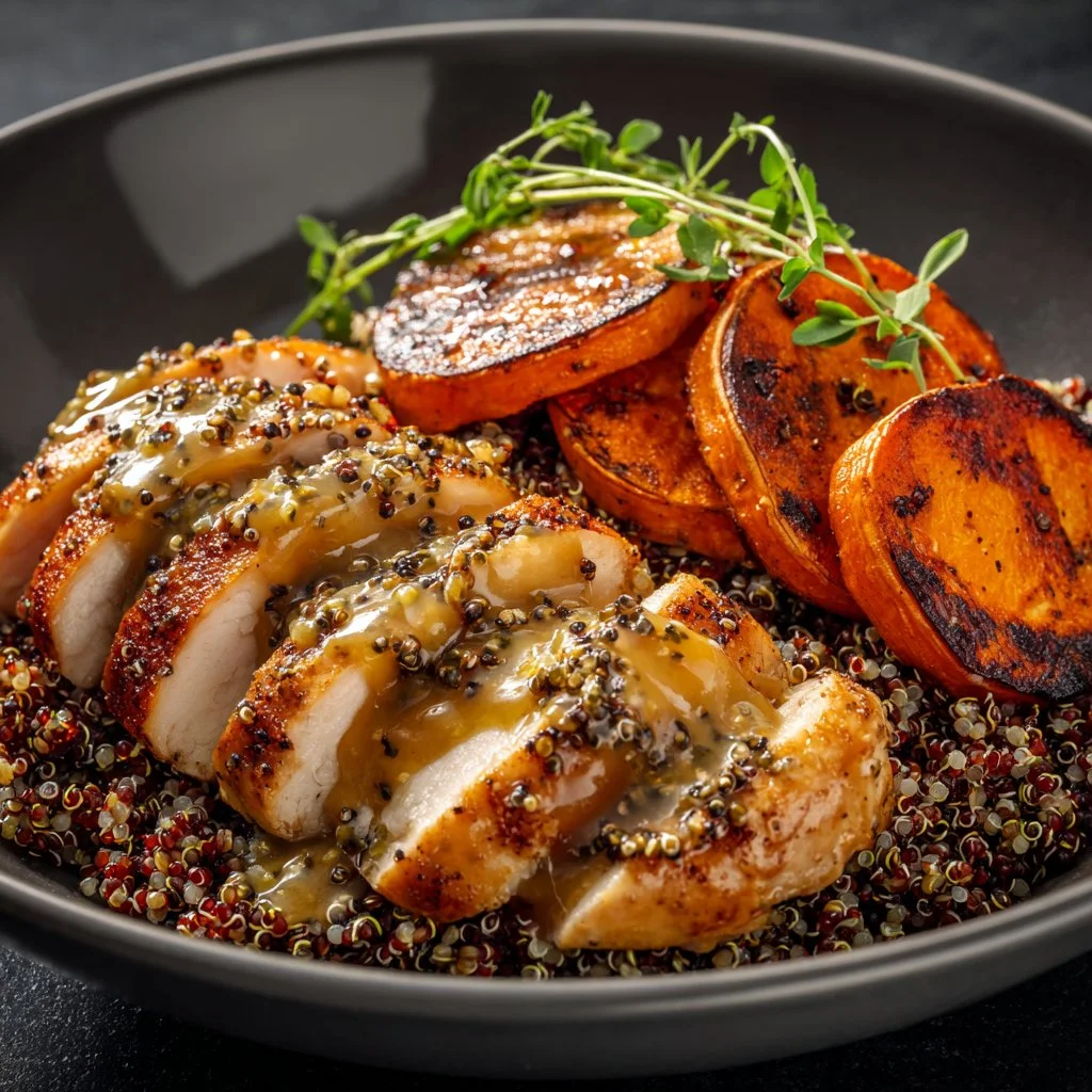 Delicious Maple Dijon Chicken served with sweet potato bowls for a nutritious meal