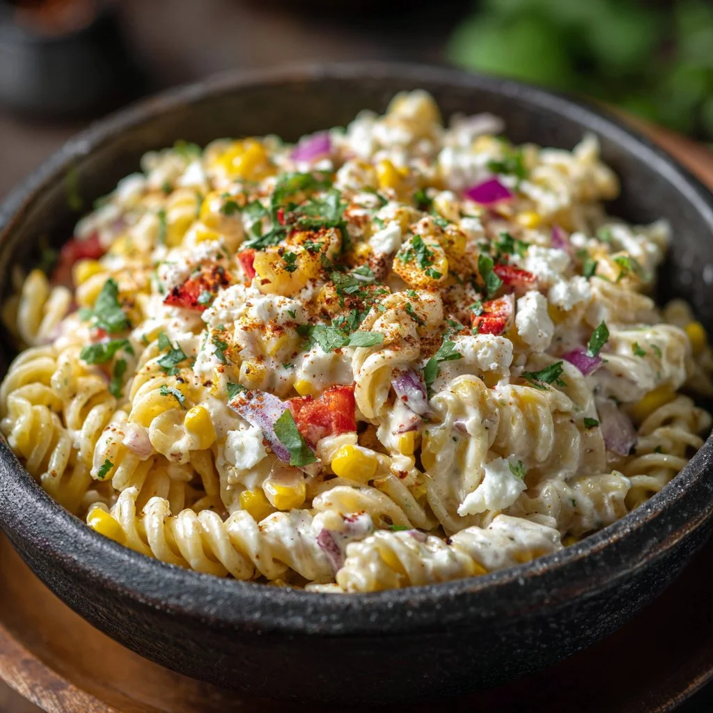 Colorful Mexican Street Corn Pasta Salad with fresh ingredients and toppings