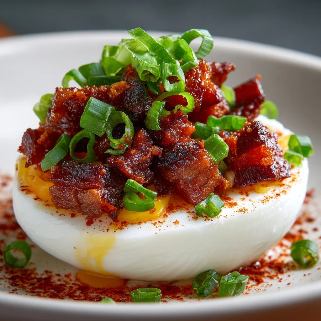 Delicious Million Dollar Bacon Deviled Eggs topped with crispy bacon bits.