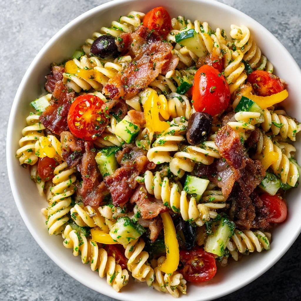 Delicious bacon pasta salad with fresh ingredients in a bowl