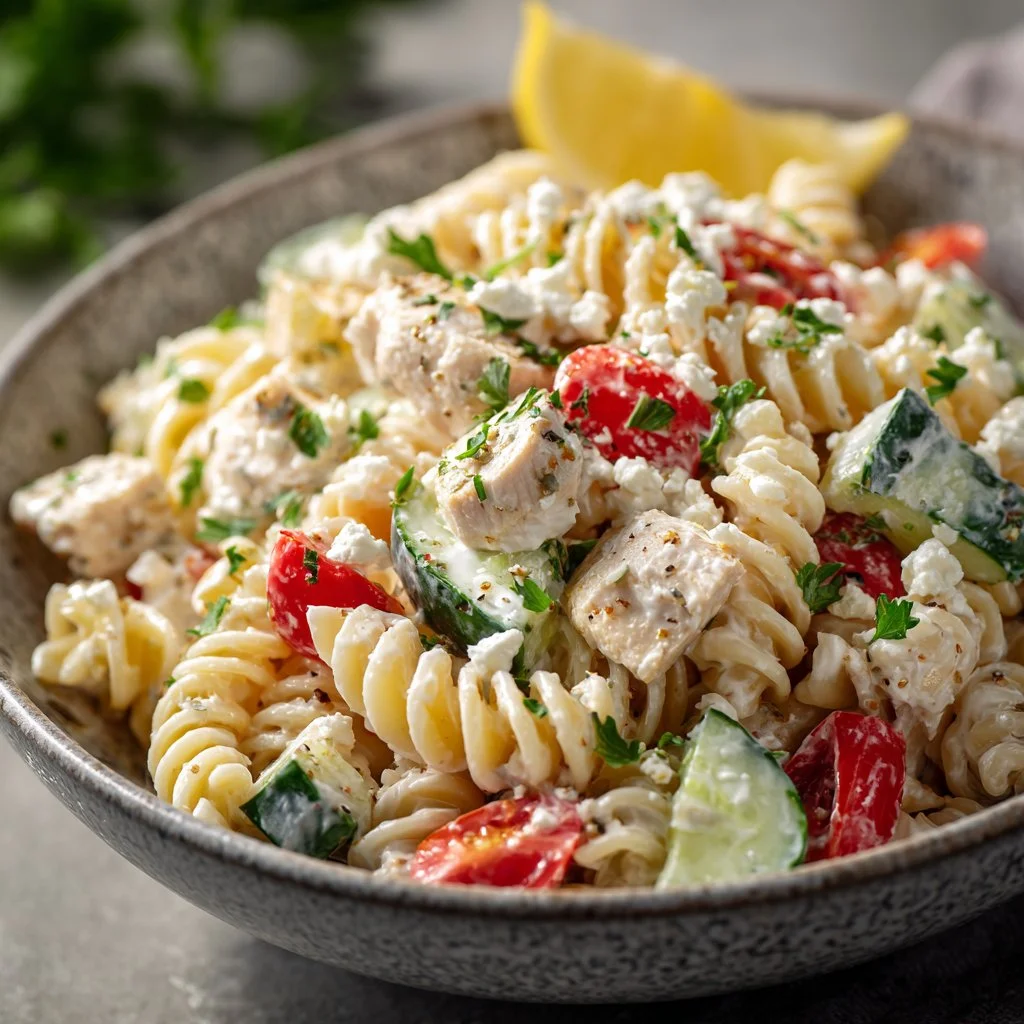 High protein Greek yogurt pasta salad with fresh vegetables and herbs.