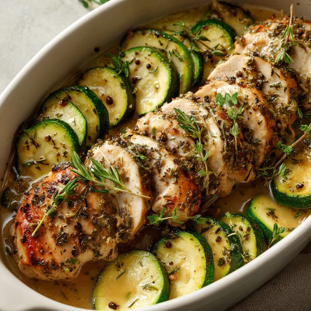 One-Dish Chicken and Zucchini Meal with vibrant vegetables and tender chicken
