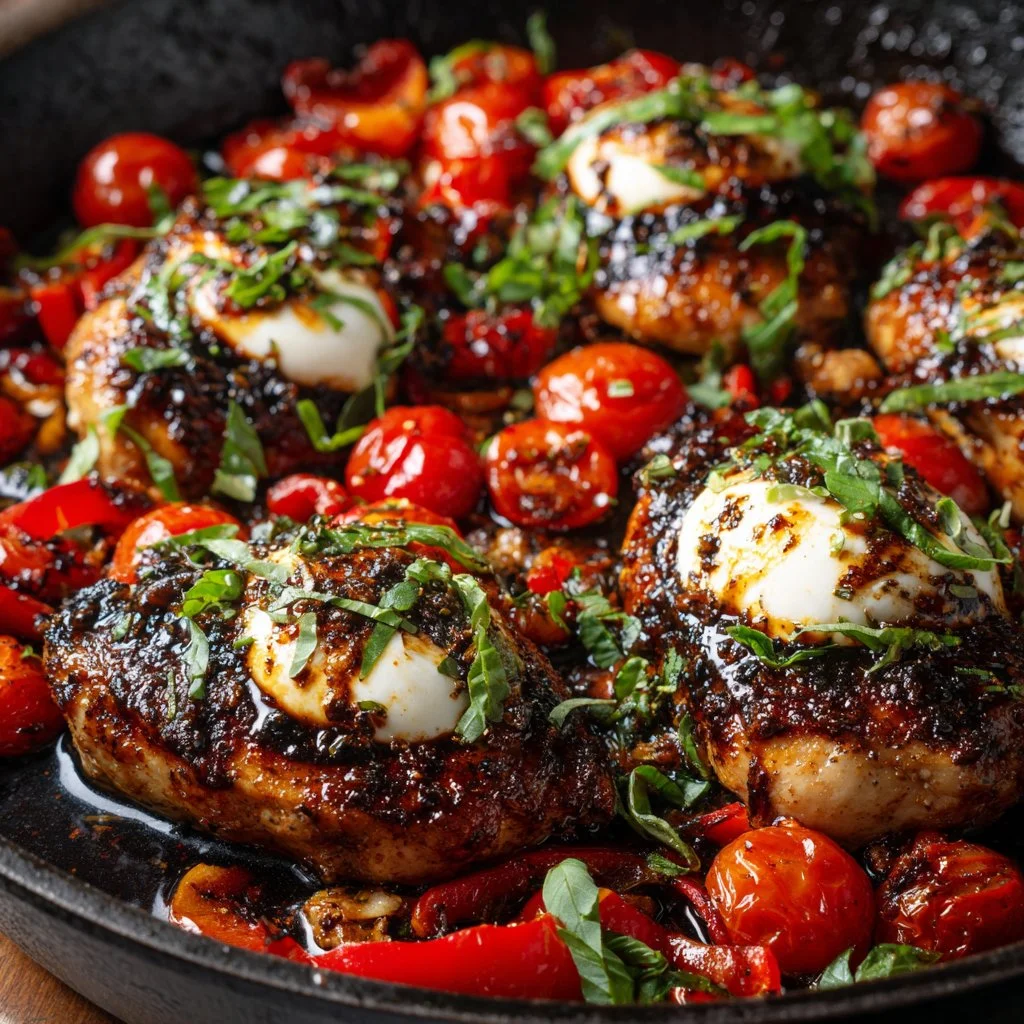 Delicious one-pan balsamic chicken topped with fresh herbs and served with vegetables.
