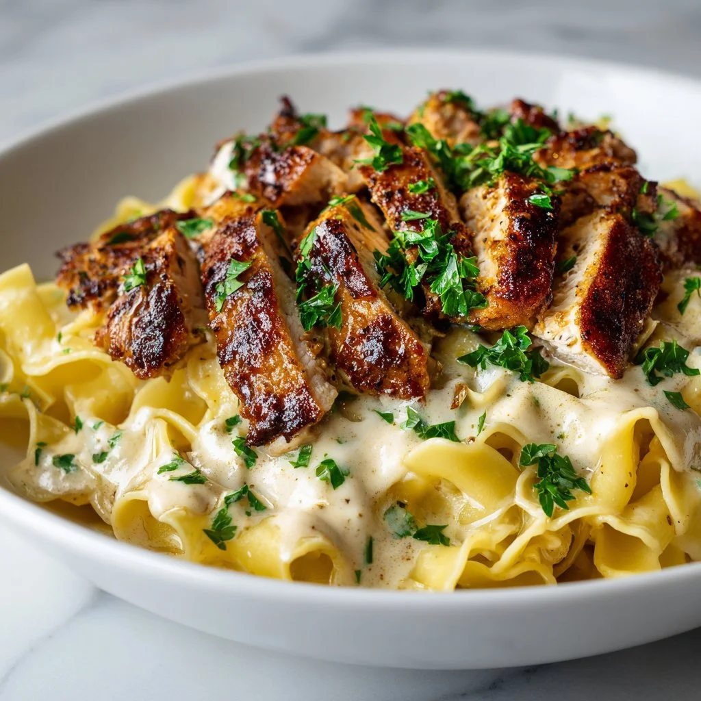 One-Pan chicken with buttered noodles served in a skillet.