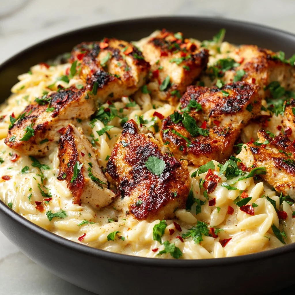One-Pot Cajun Chicken Alfredo Orzo dish in a creamy sauce with spices and chicken