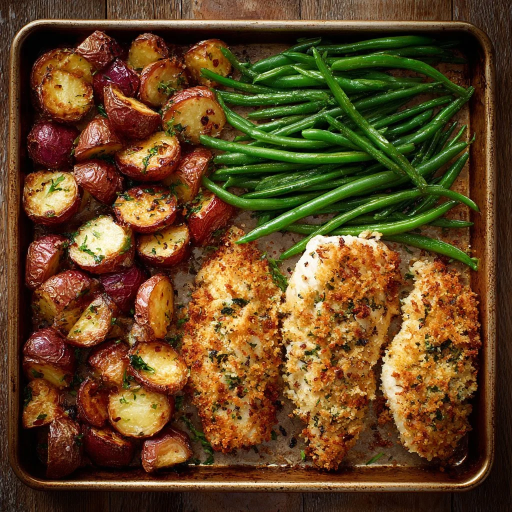Parmesan crusted chicken on a sheet pan with vegetables