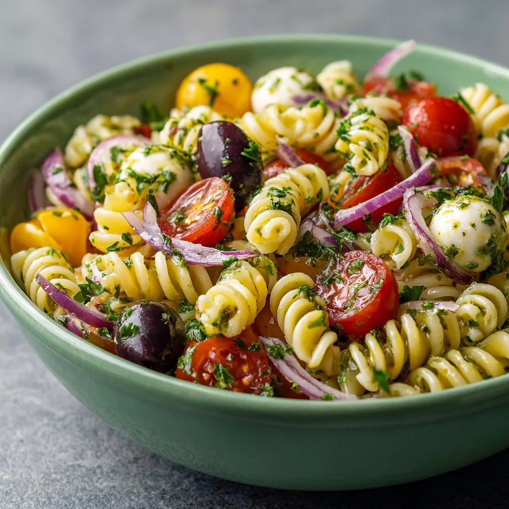 Colorful and fresh pasta salad with vegetables and dressing