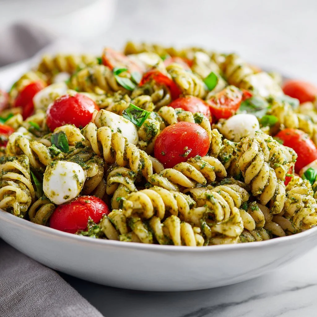 Colorful pesto pasta salad with cherry tomatoes and fresh basil