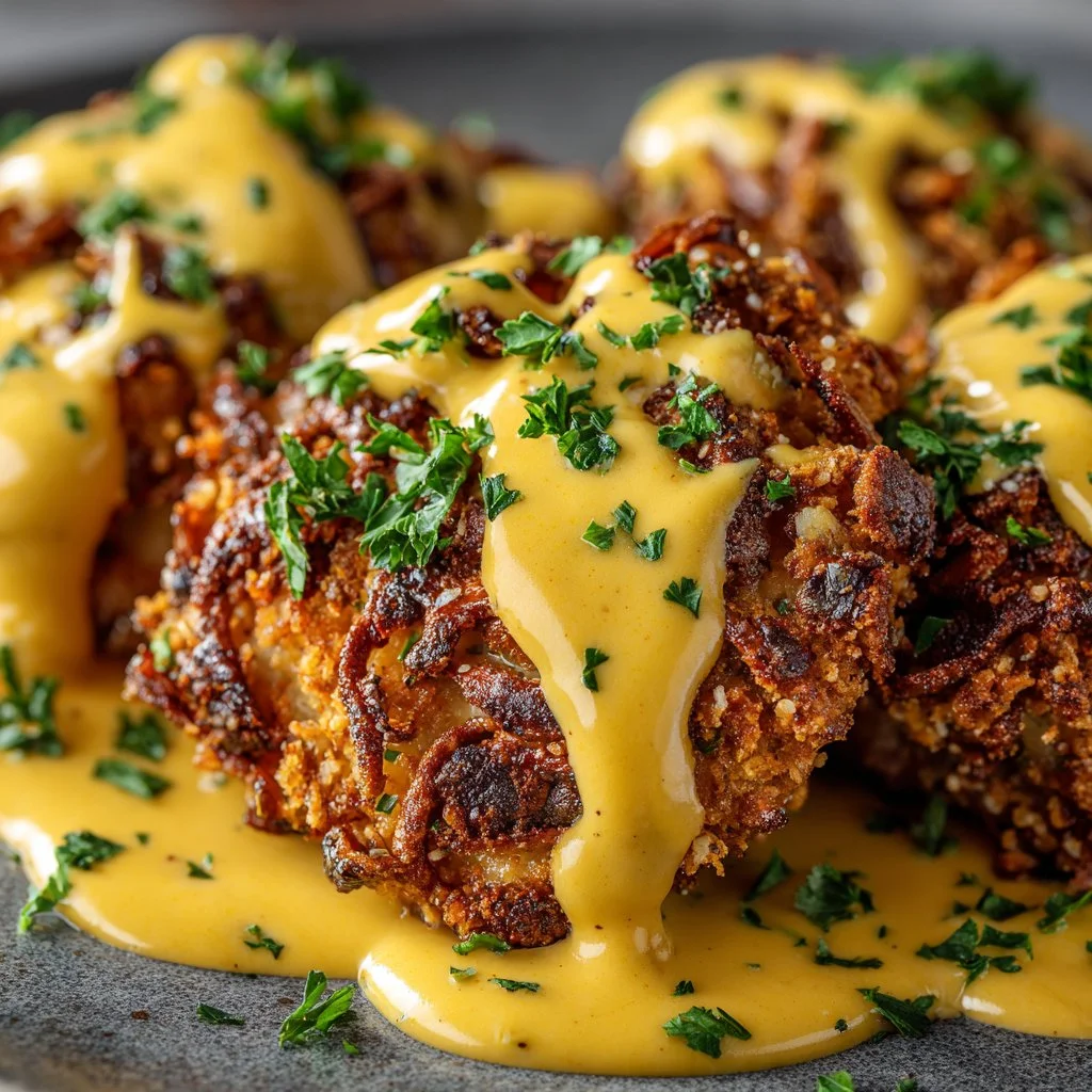 Pretzel Chicken served with a creamy Mustard-Cheddar Sauce on top