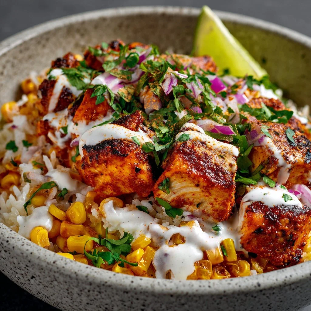 Delicious Quick Street Corn Chicken Rice Bowl with vibrant toppings