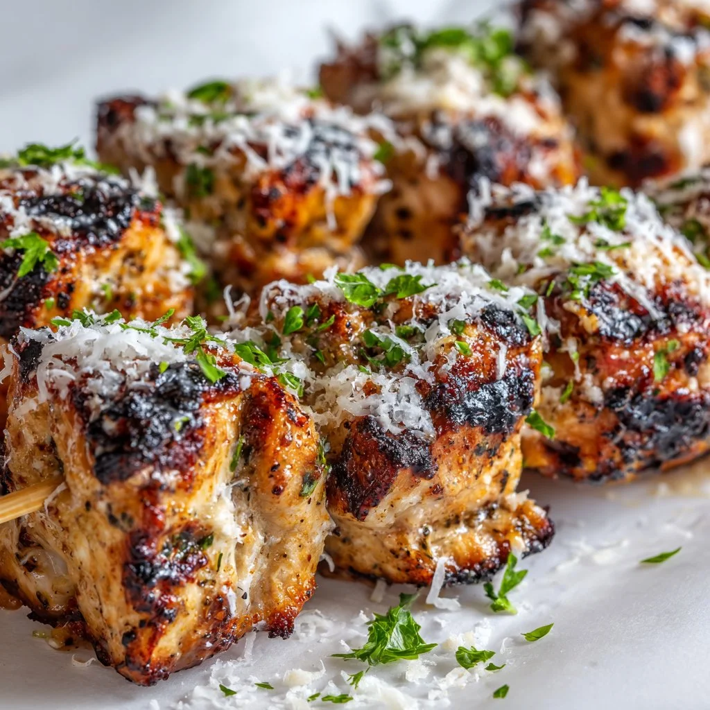 Ranch Garlic Parmesan Chicken Skewers served on a platter with herbs.