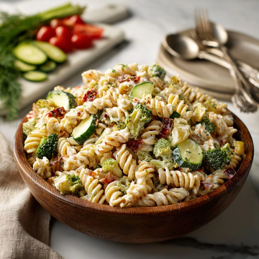 Creamy ranch pasta salad with colorful vegetables and pasta