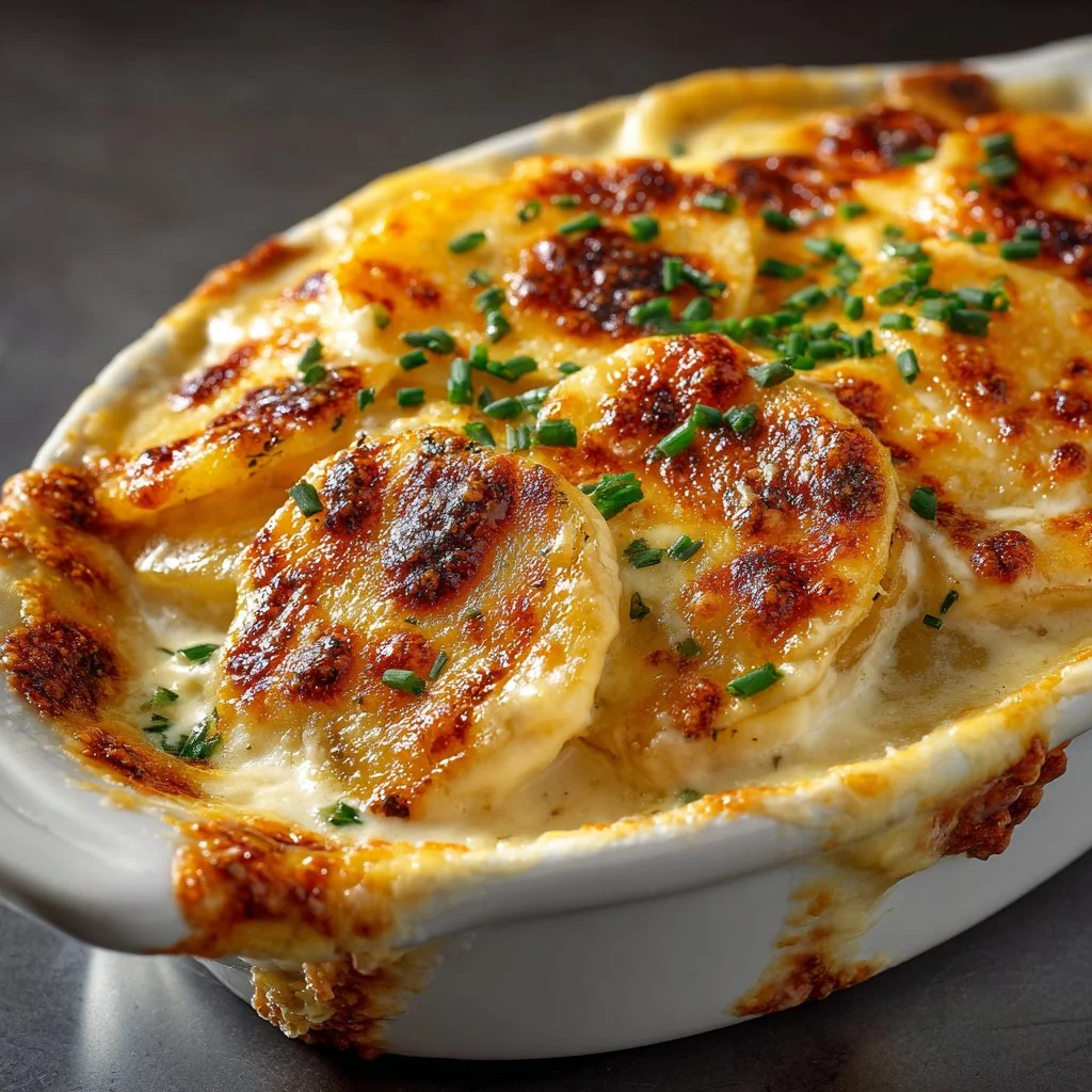 Delicious Ruth’s Chris Potatoes au Gratin topped with cheese and cream