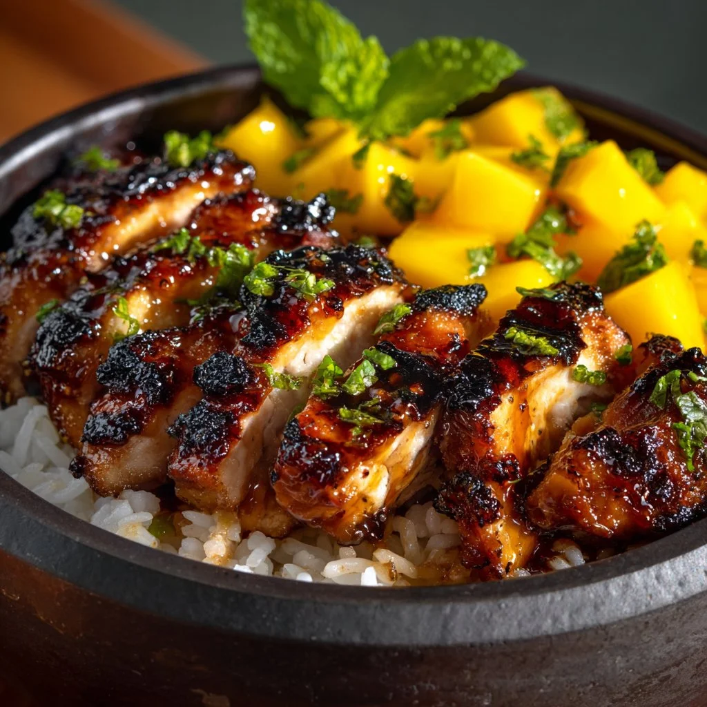 Delicious mango glazed chicken twists served with fresh herbs and garnishes.