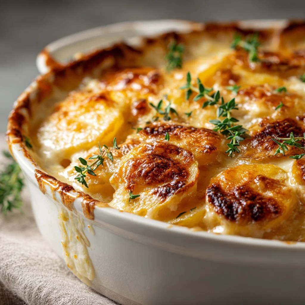 Creamy scalloped potatoes dish topped with cheese and herbs in a baking dish