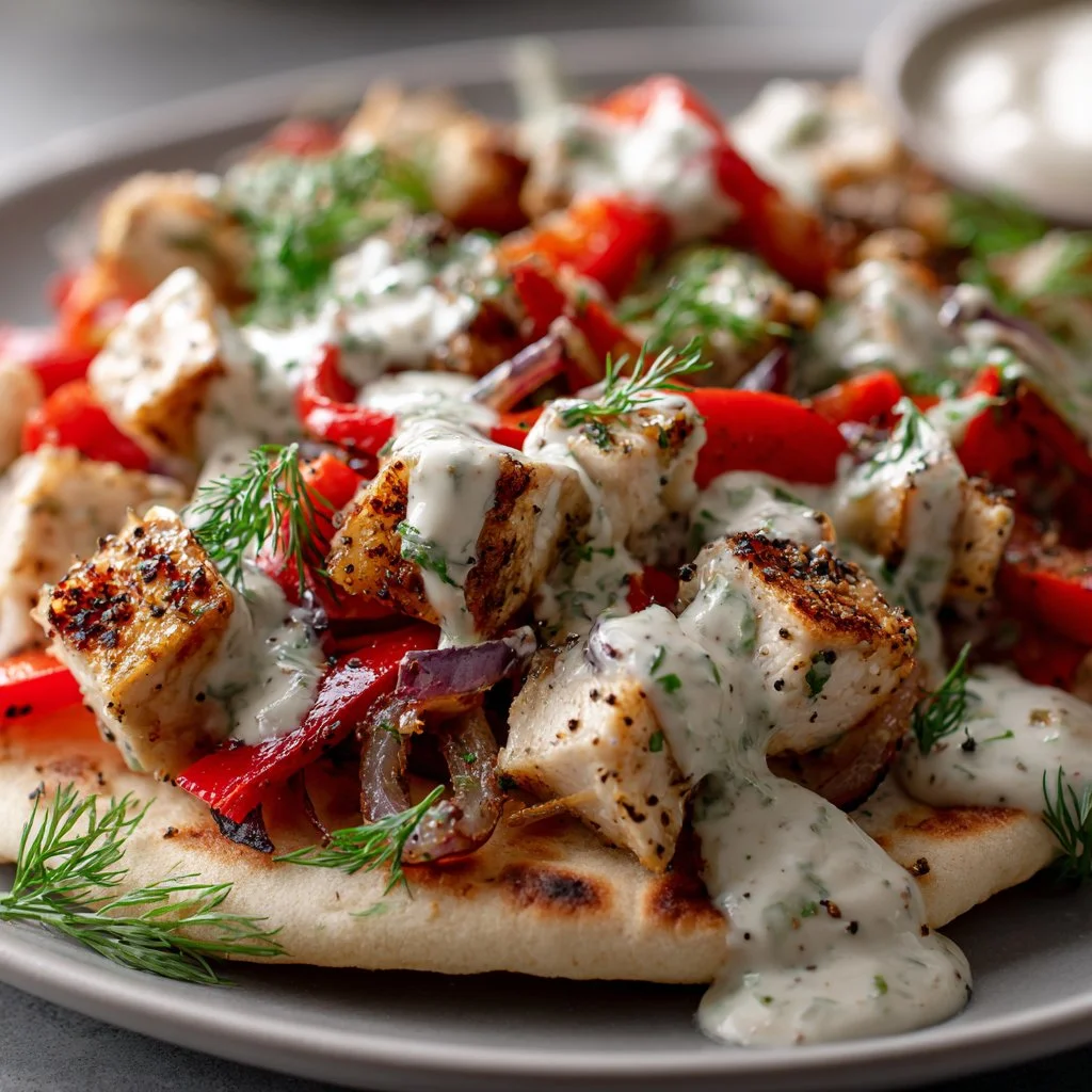 Sheet pan chicken pitas topped with herby ranch sauce and fresh vegetables