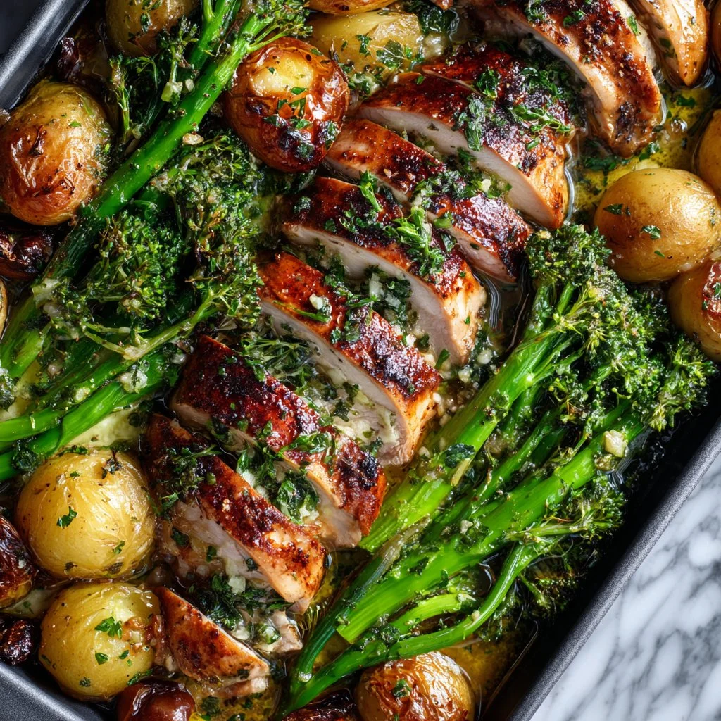 Delicious sheet pan garlic butter chicken with colorful vegetables