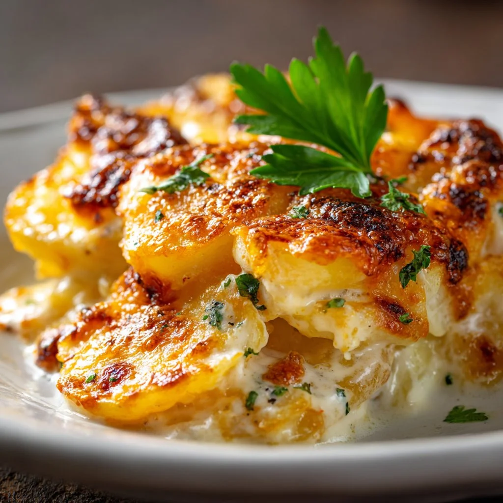 Creamy Slow Cooker Potatoes Au Gratin ready to serve