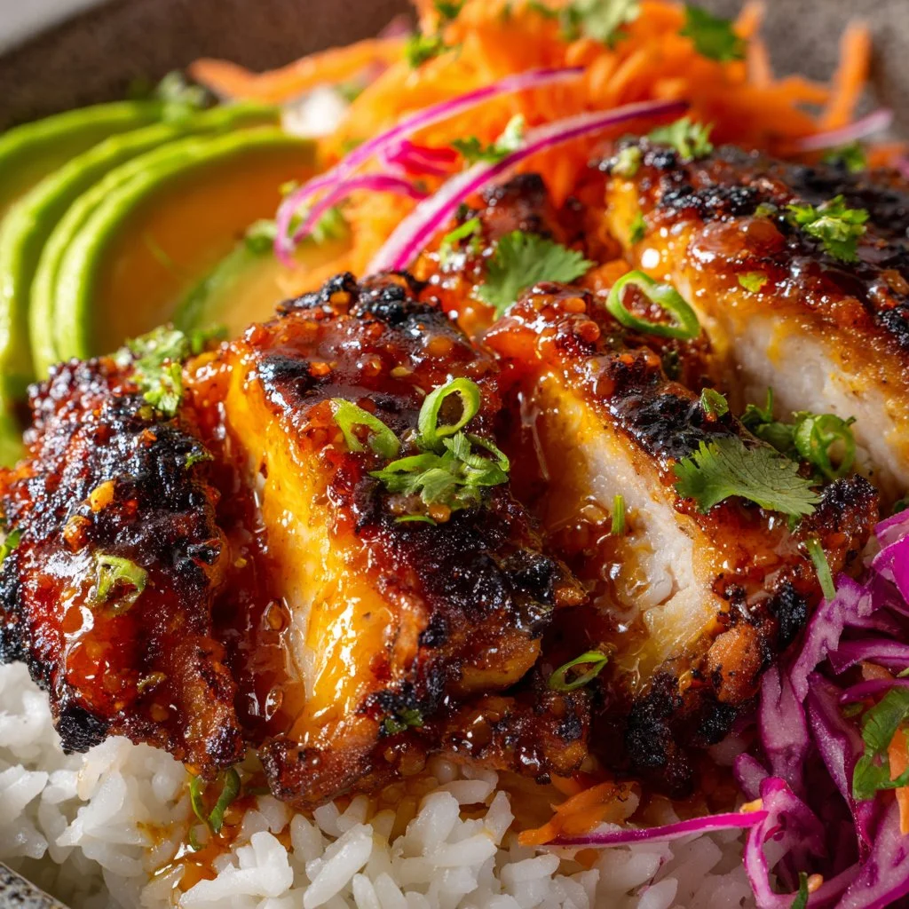 Spicy maple glazed chicken thighs paired with coconut rice on a white plate