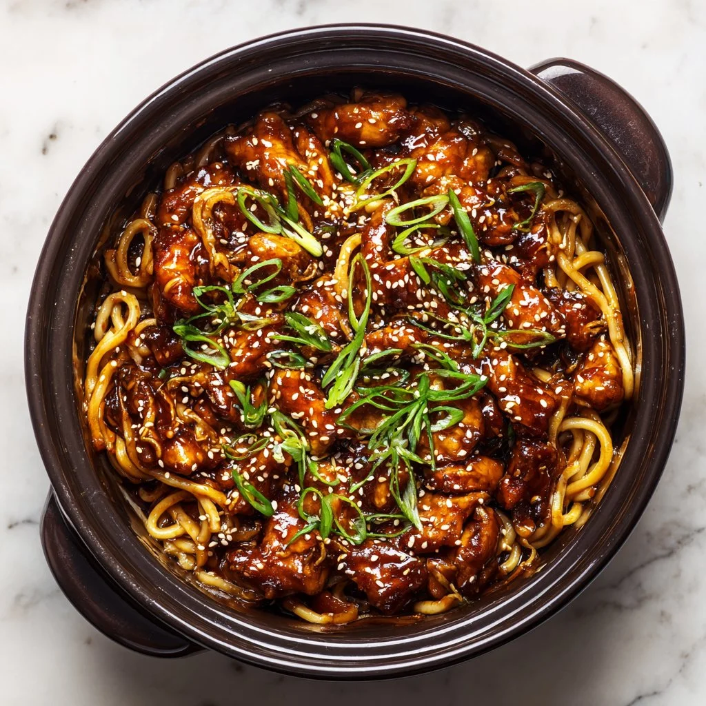 Sticky Garlic Chicken Noodles served in a bowl with fresh vegetables and herbs.