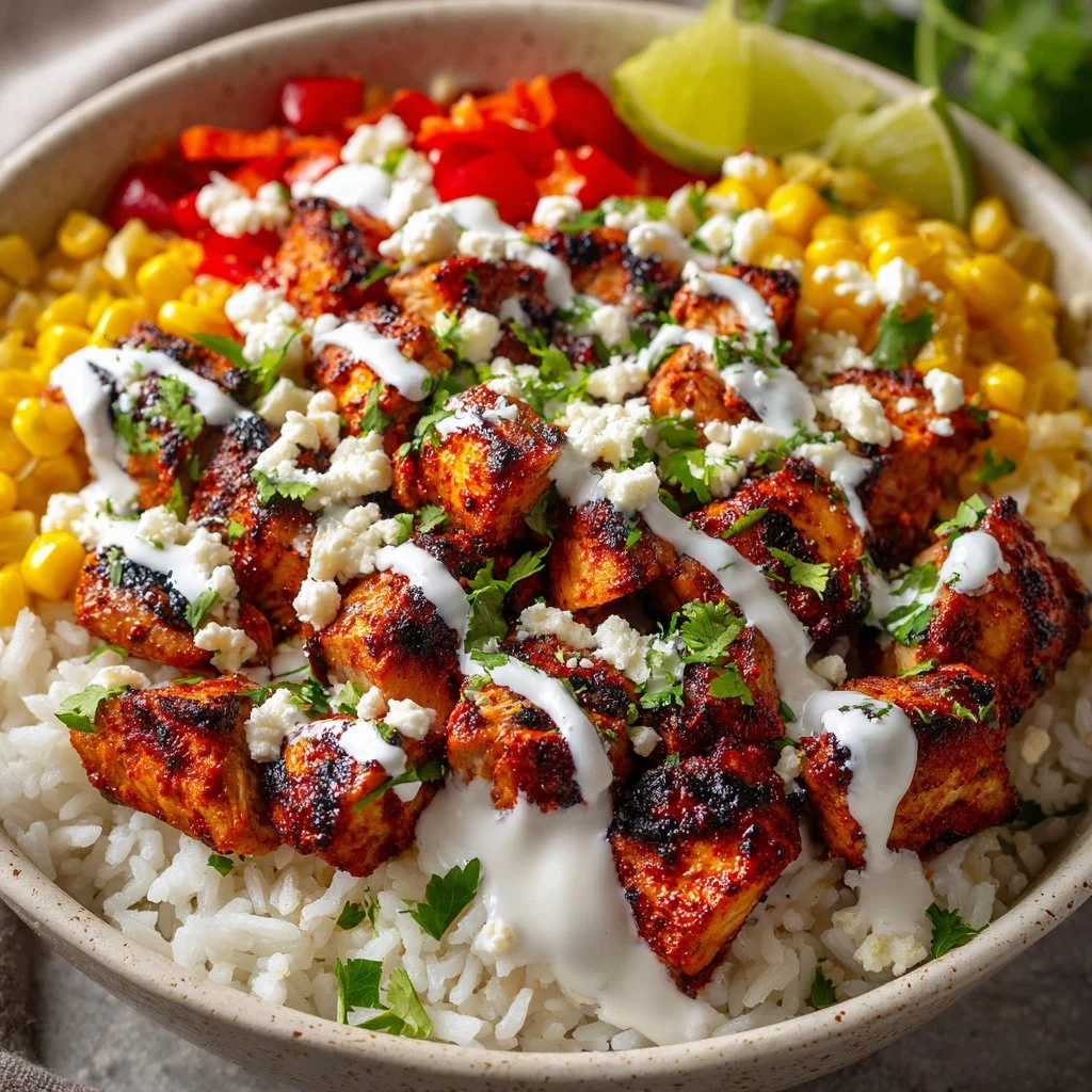 Street corn chicken rice bowl with vibrant vegetables and spices
