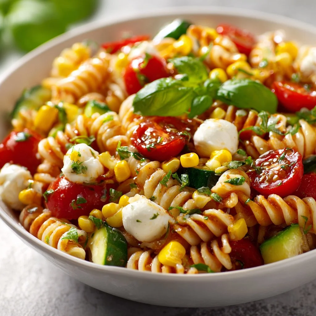 Bright and colorful summery veggie pasta salad with fresh vegetables.