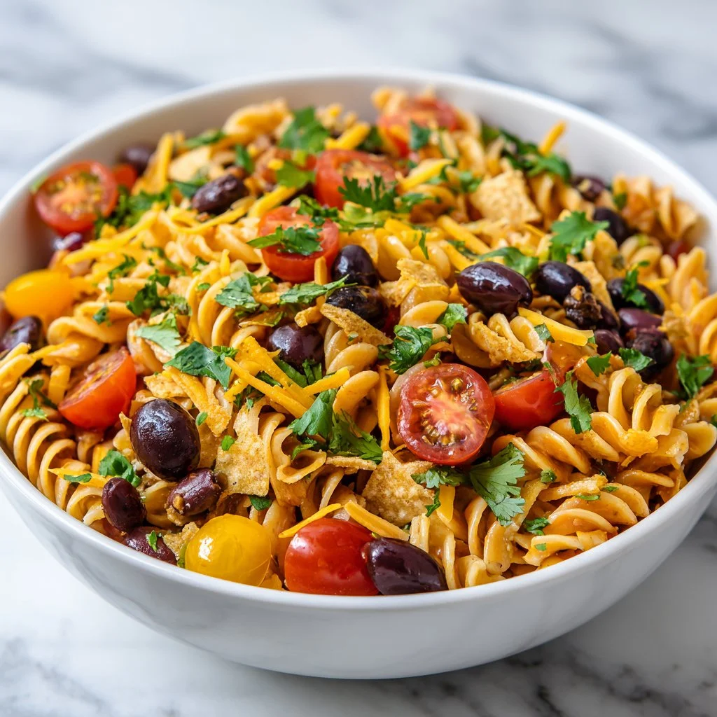 Colorful Taco Pasta Salad with fresh veggies and dressing for summer meals.