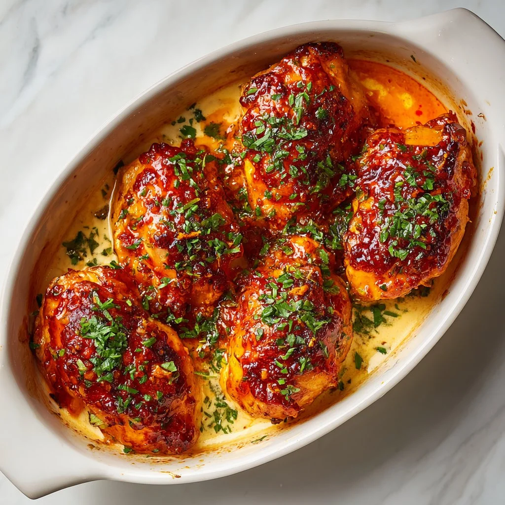 Deliciously baked Bang Bang Chicken topped with spicy sauce and garnished.