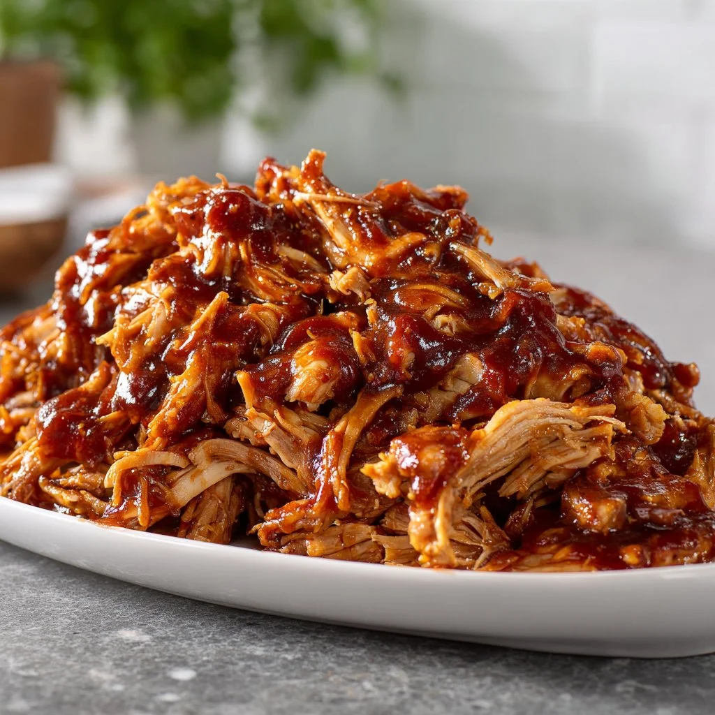 Delicious crockpot BBQ pulled chicken served with coleslaw and buns
